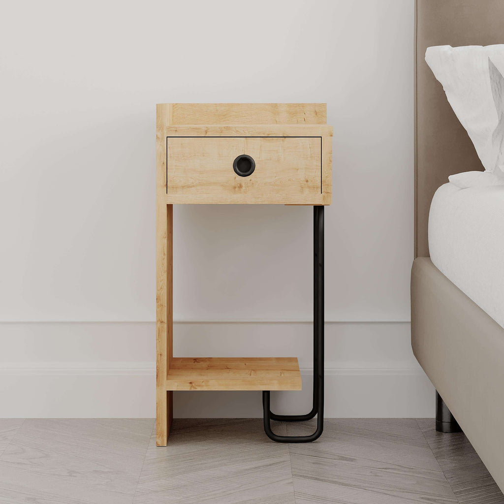 Modern bedside table module with single drawer and lower open shelf, light wood finish