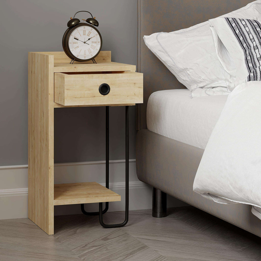 Oak bedside table with drawer and open shelf, round knob, black metal legs