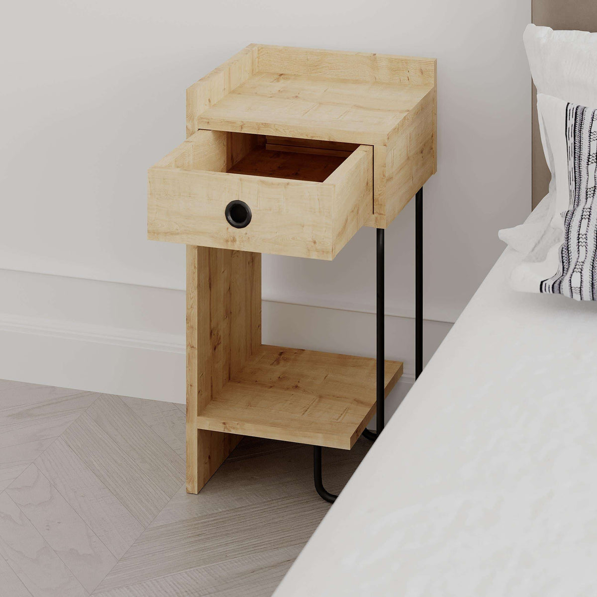 Oak bedside table module with open shelf and drawer, round knob, black metal legs