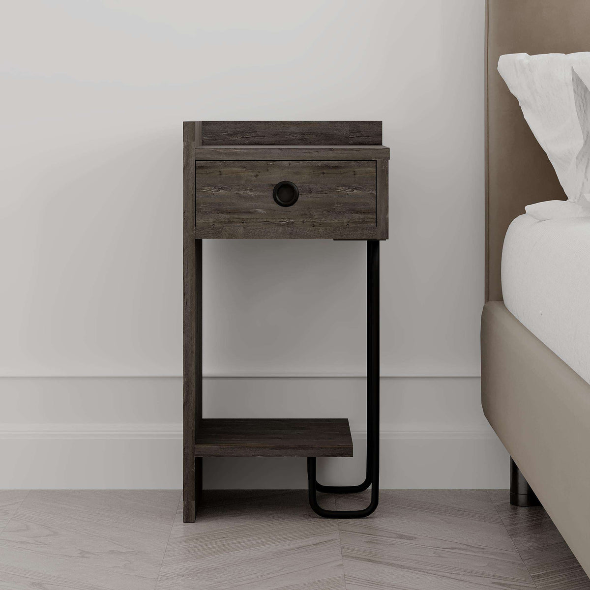 Dark coffee modern bedside table module with drawer and lower open shelf, black metal legs