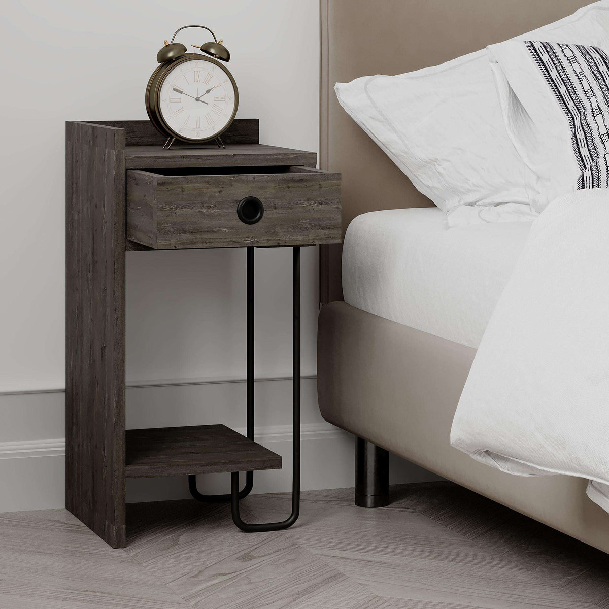 Dark coffee modern bedside table module with drawer and open shelf, black metal legs