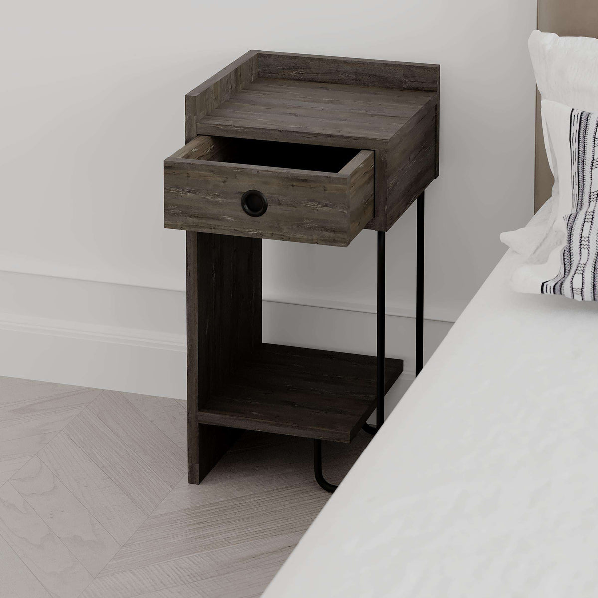 Dark coffee bedside table module showing drawer and open shelf, dark wood finish
