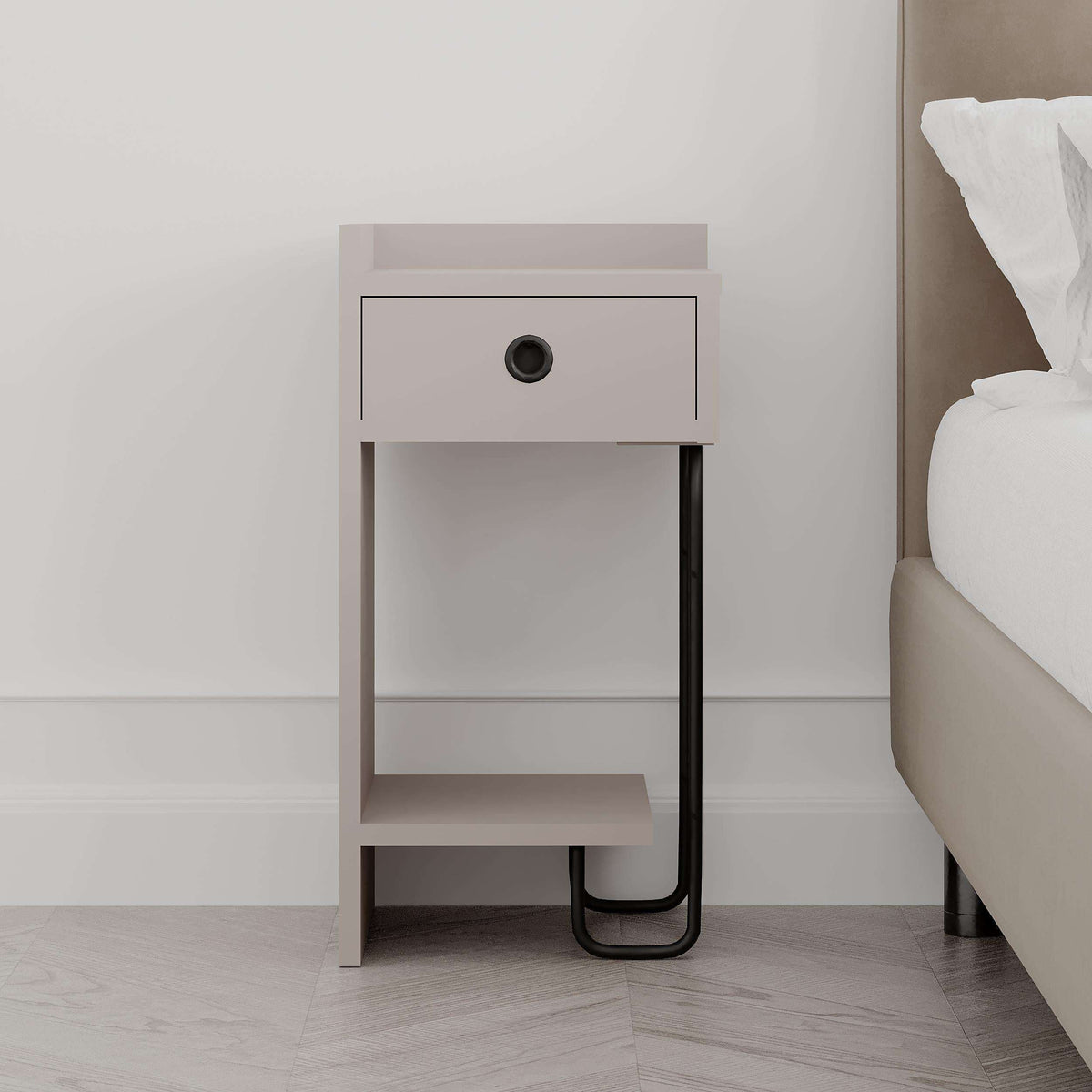 White bedside table module with drawer, open shelf, round knob, black metal U-legs