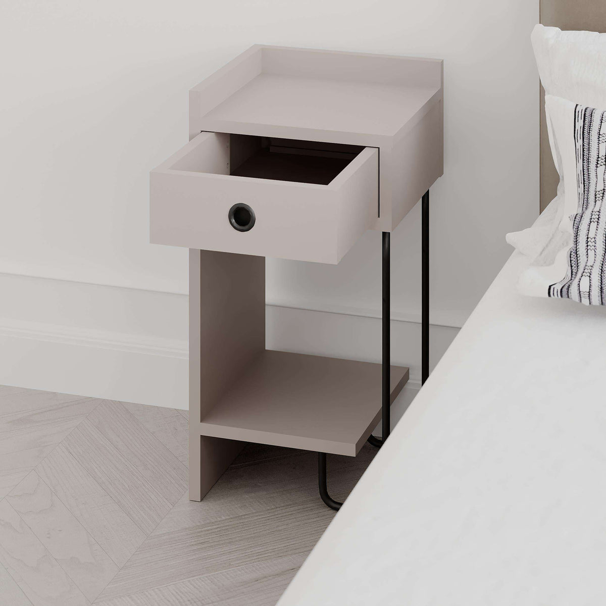 Light mocha bedside table module with drawer, open shelf, round knob, black metal legs