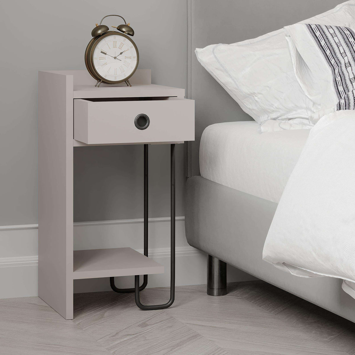 White bedside table with drawer and open shelf, round knob, black metal legs