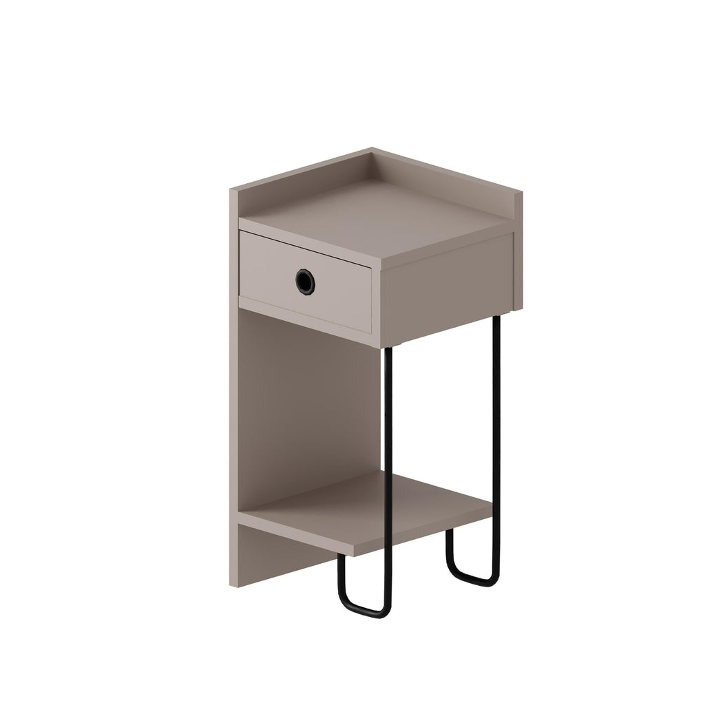 Light grey bedside table module with drawer, open shelf, and black U-shaped legs