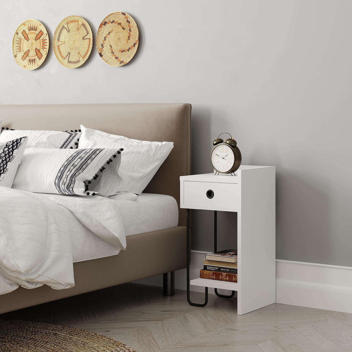 White modern bedside table right module with drawer and open shelf, alarm clock on top