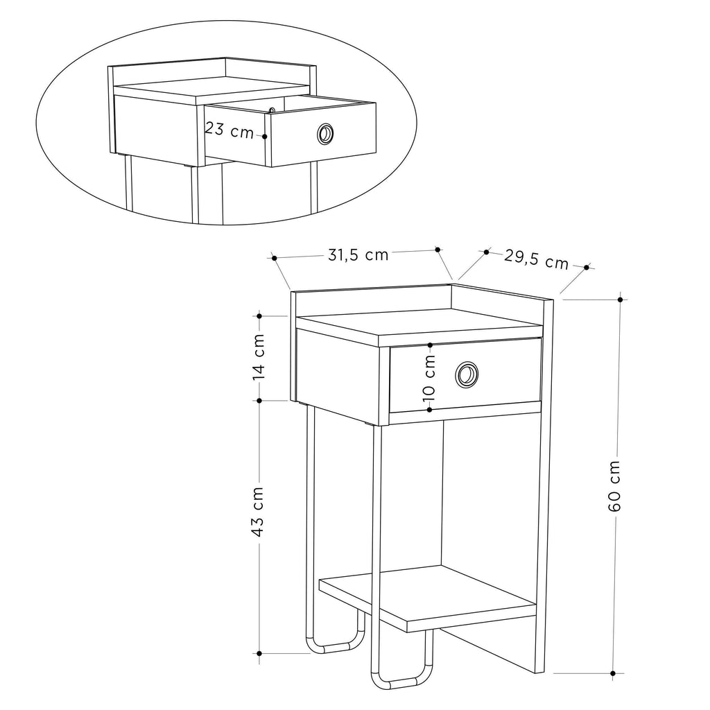 Modern bedside table right module with drawer, open shelf, and black U-shaped legs