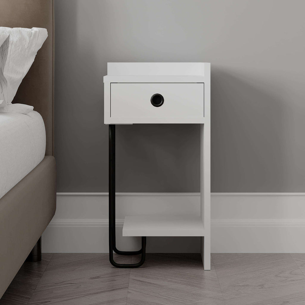 White modern bedside table right module with single drawer, open compartment, black legs