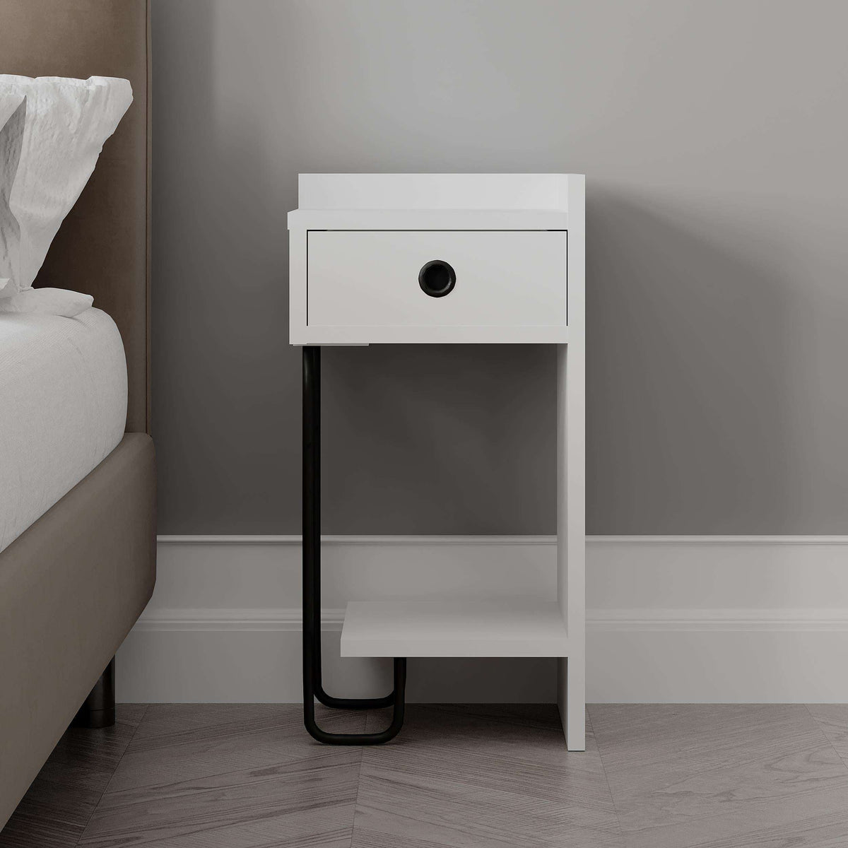 White modern bedside table right module with single drawer, open compartment, black legs