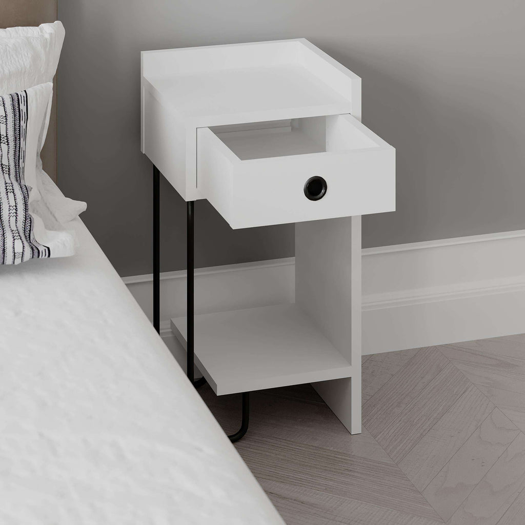 White modern bedside table right module with drawer, open shelf, and black U-shaped legs