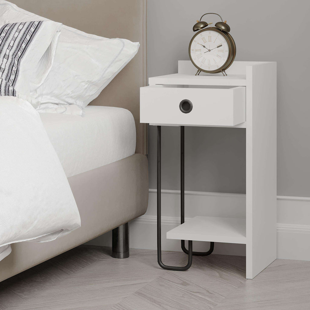 White modern bedside table right module with drawer and open shelf, round black handle