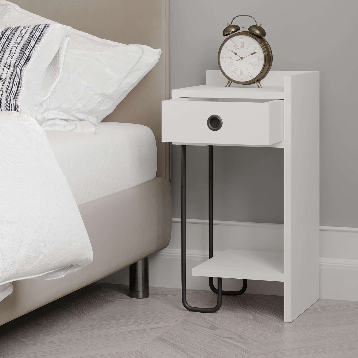 White modern bedside table right module with drawer and open shelf, round black handle