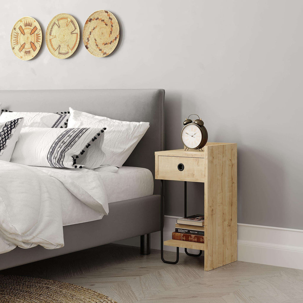 Wood bedside table with drawer and open shelf, dark metal U-shaped legs