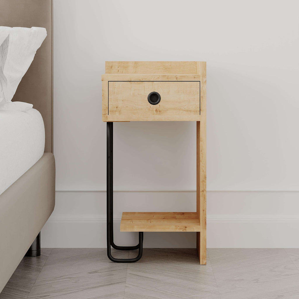 Light wood bedside table module with one drawer, open shelf, black metal legs