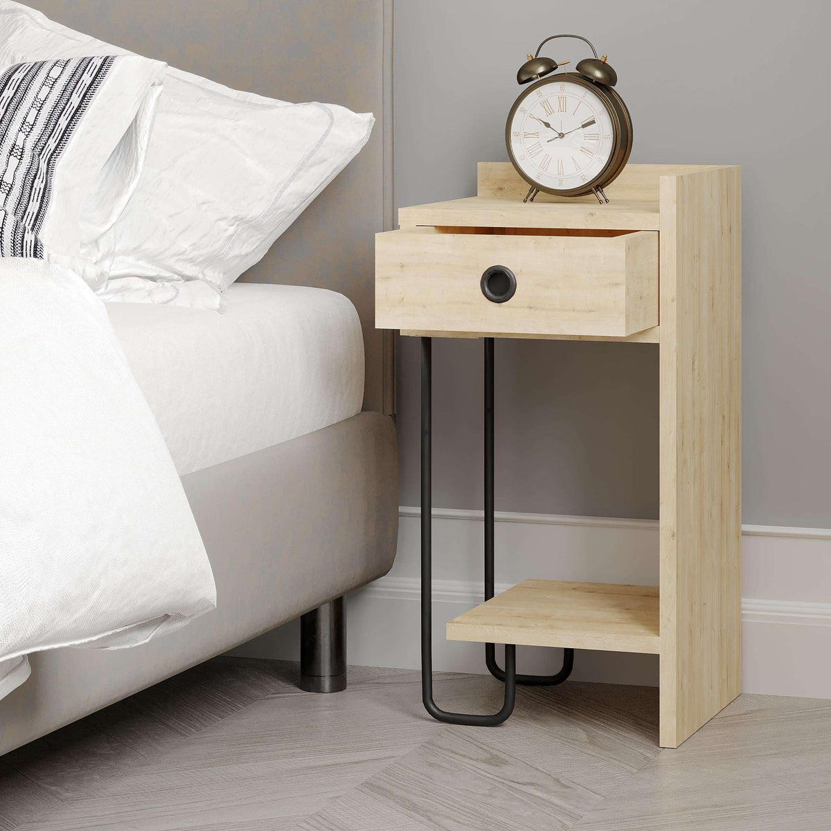 Light oak modern bedside table right module with drawer, open shelf, and alarm clock on top