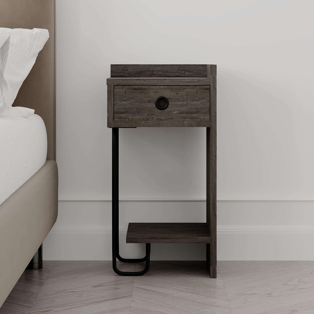 Dark wood bedside table with top drawer, open shelf, black metal U-shaped legs