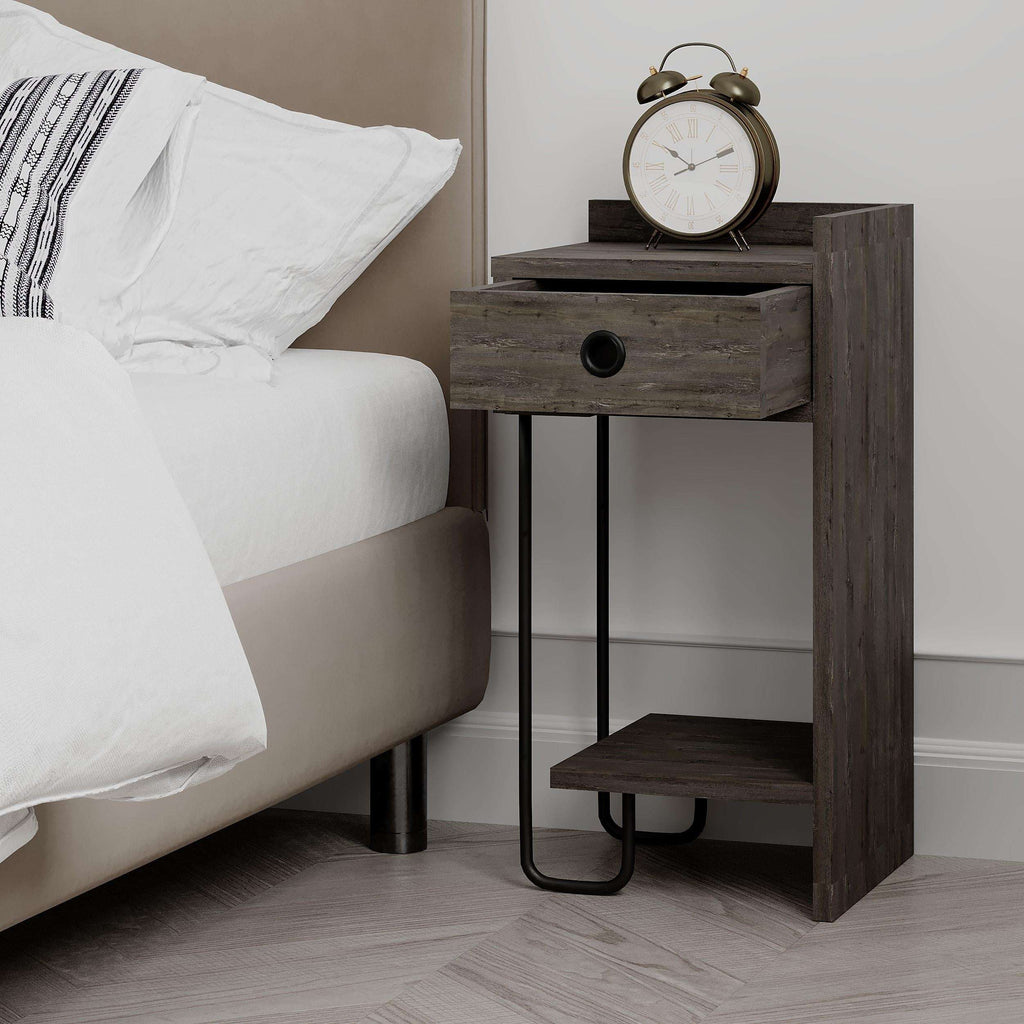 Dark wood bedside table with drawer and open shelf, black metal legs