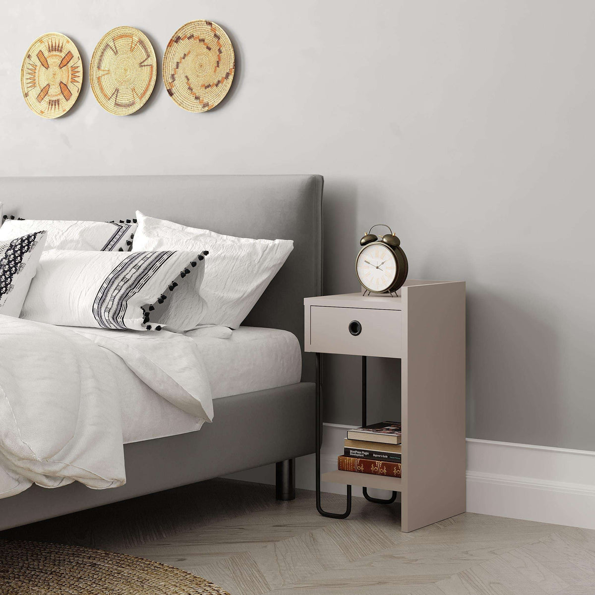Light mocha bedside table module with drawer, open shelf, and curved metal legs