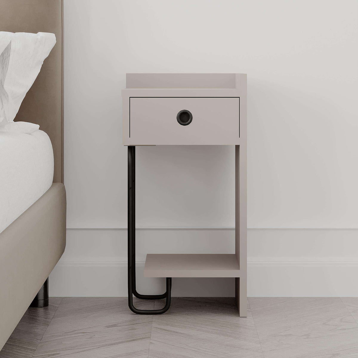 Light mocha bedside table module with open shelf and drawer with round pull