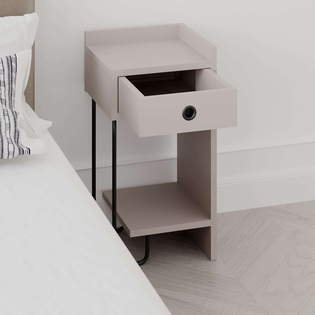 Light mocha bedside table module with open shelf, drawer, and round door pull
