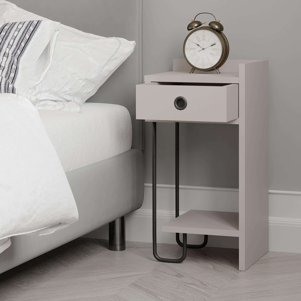 Light mocha bedside table module with drawer, open shelves, and curved metal base