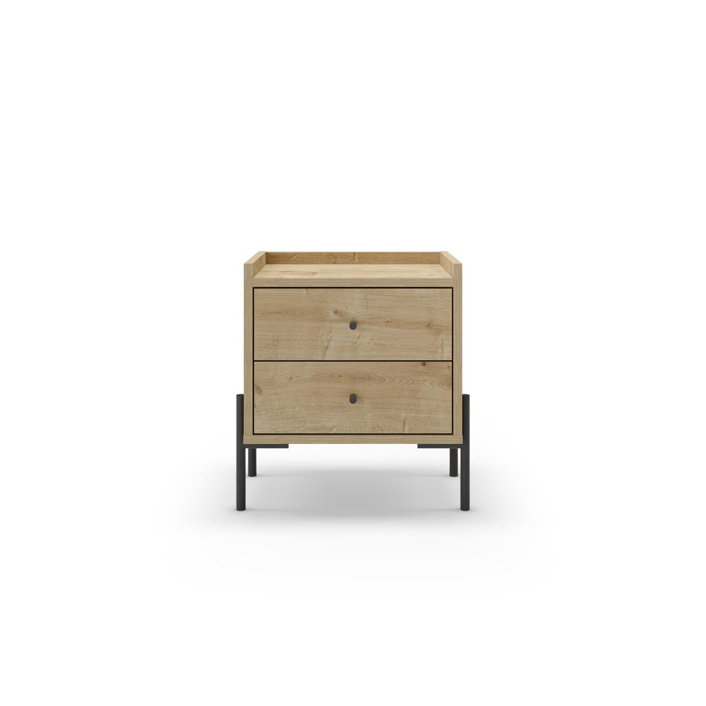 Bedside table with 2 drawers in light oak, black legs, centered drawer handles