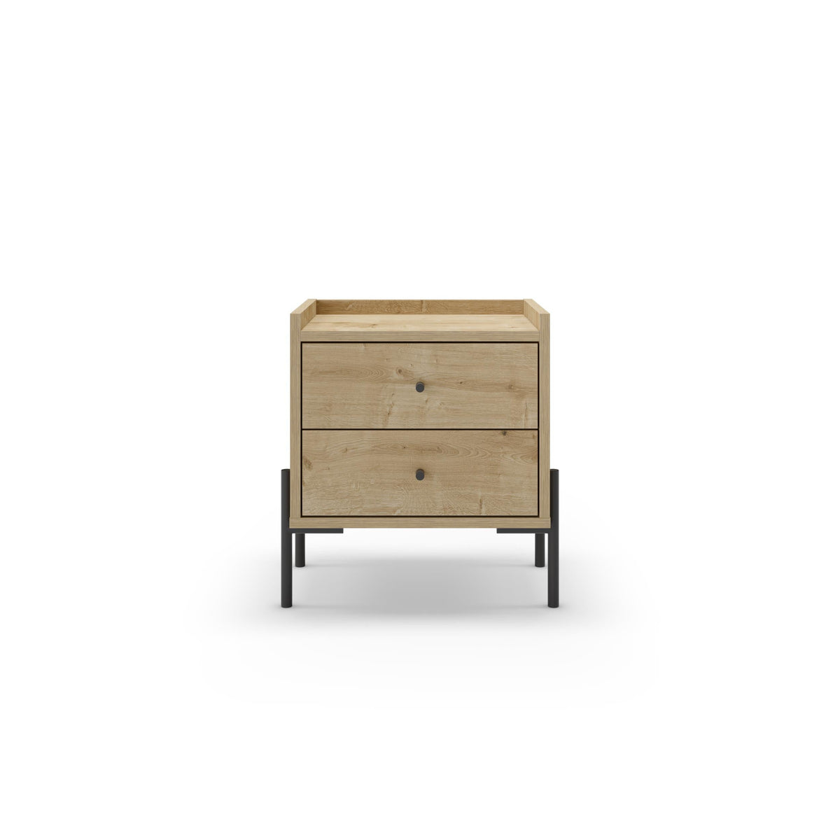 Bedside table with 2 drawers in light oak, black legs, centered drawer handles