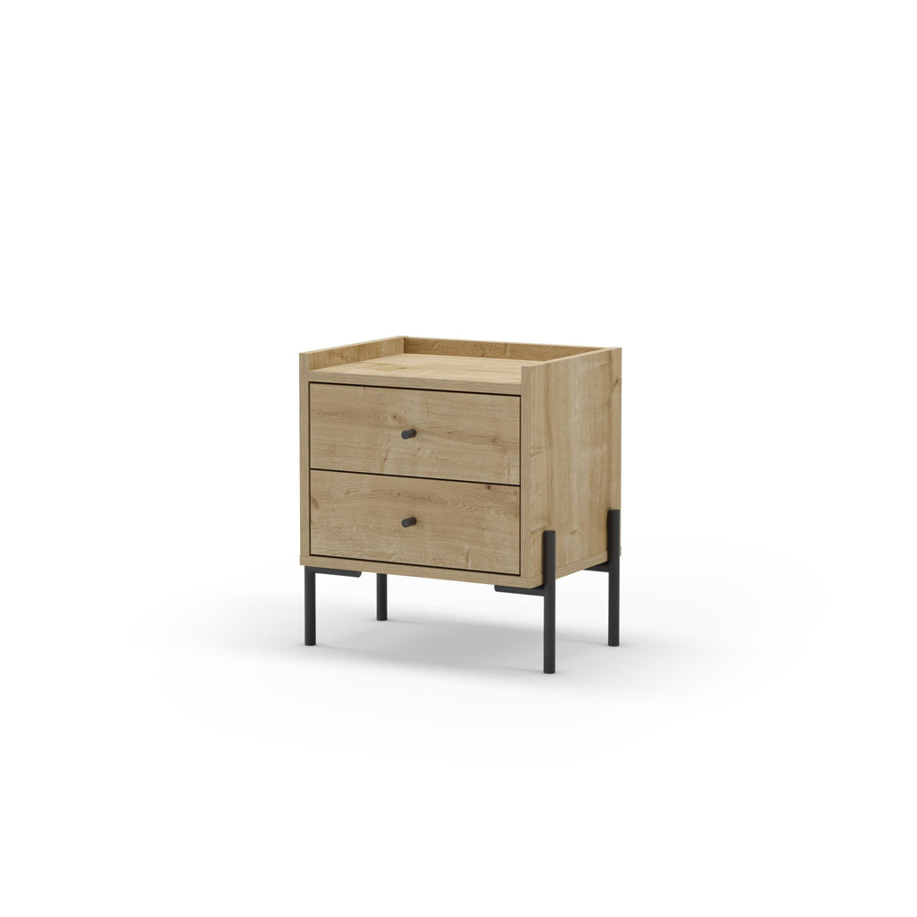 Bedside table with 2 drawers, light oak finish and black metal side frame