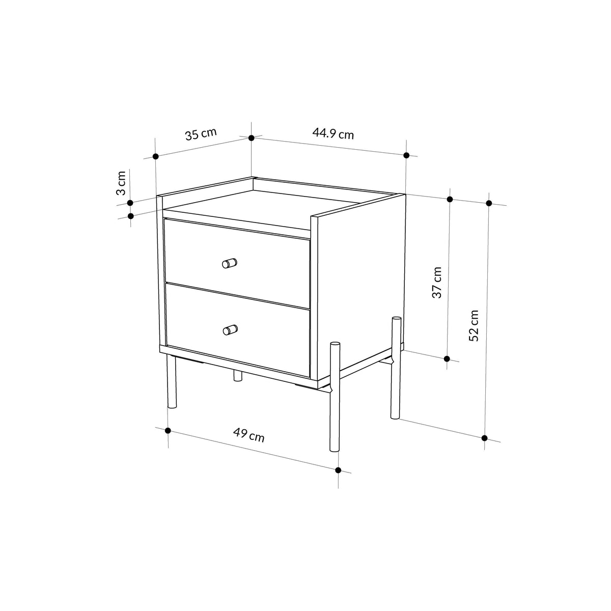 Bedside table 2-drawer dimensions diagram with height and width measurements