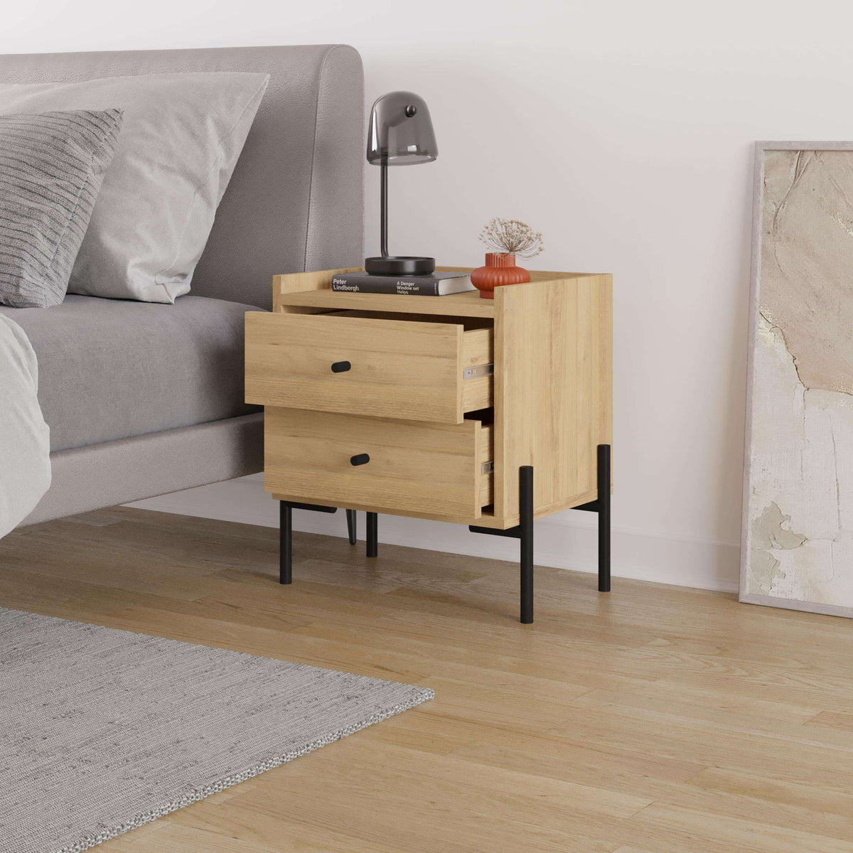 Bedside table with 2 drawers, light oak finish, black legs, bedside lamp on top