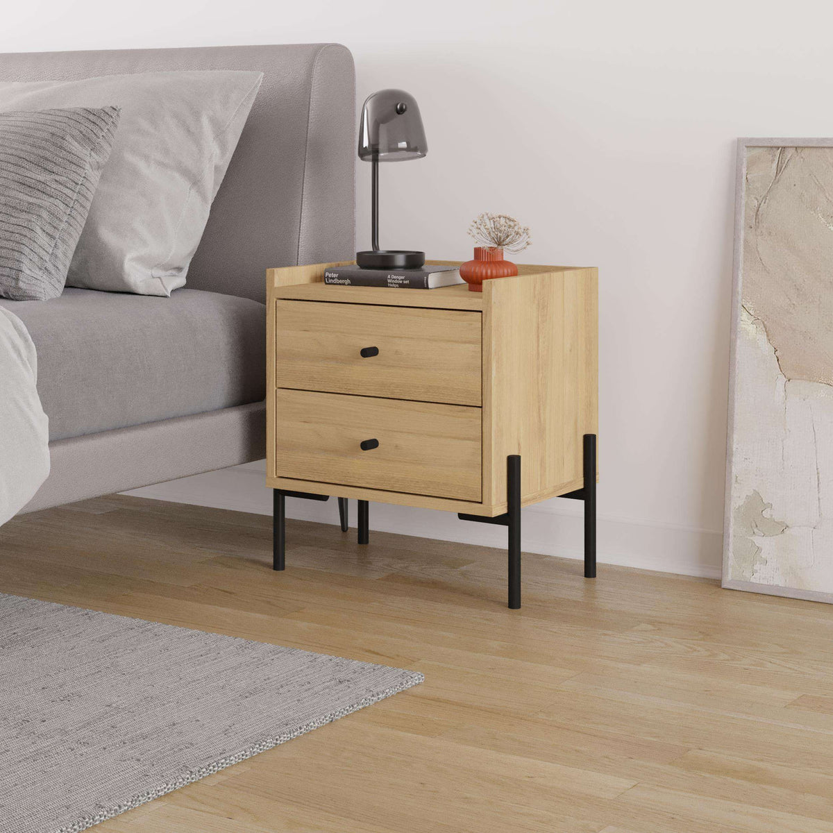 Bedside table with 2 drawers, light oak finish, black tapered legs and bar pulls