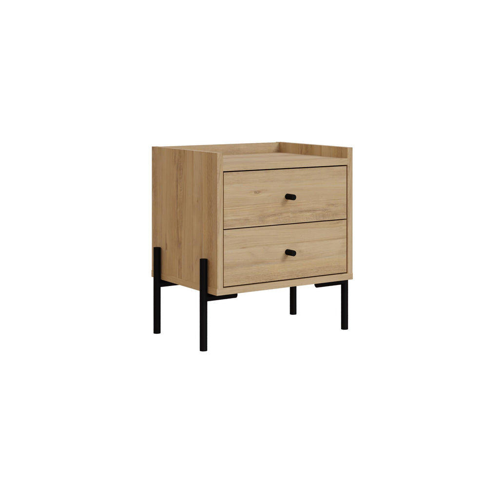 Bedside table with 2 drawers in light oak, black metal legs, open shelving side panel
