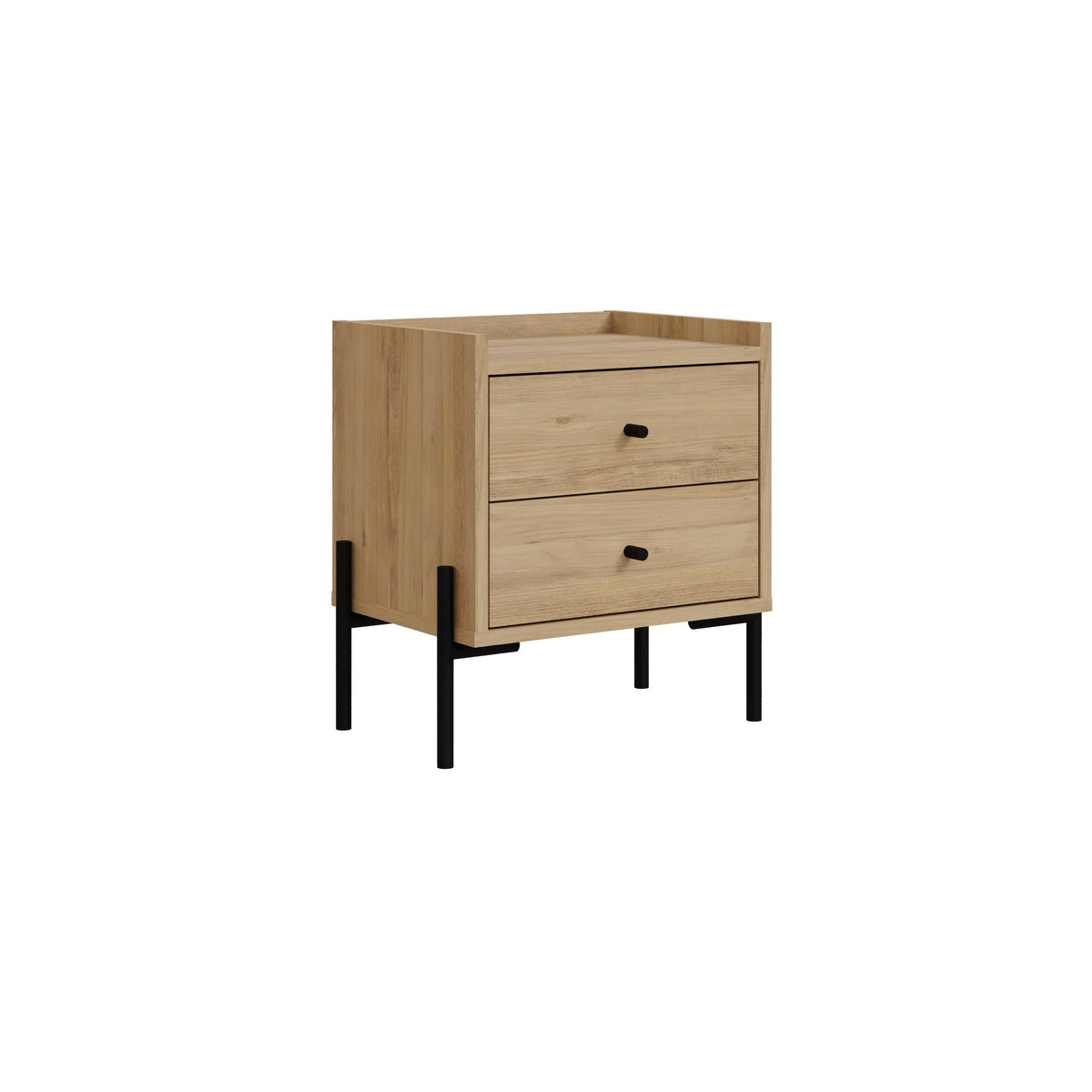 Bedside table with 2 drawers in light oak, black metal legs, open shelving side panel