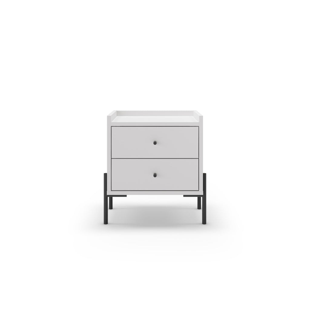 White bedside table with two front drawers and black knob handles