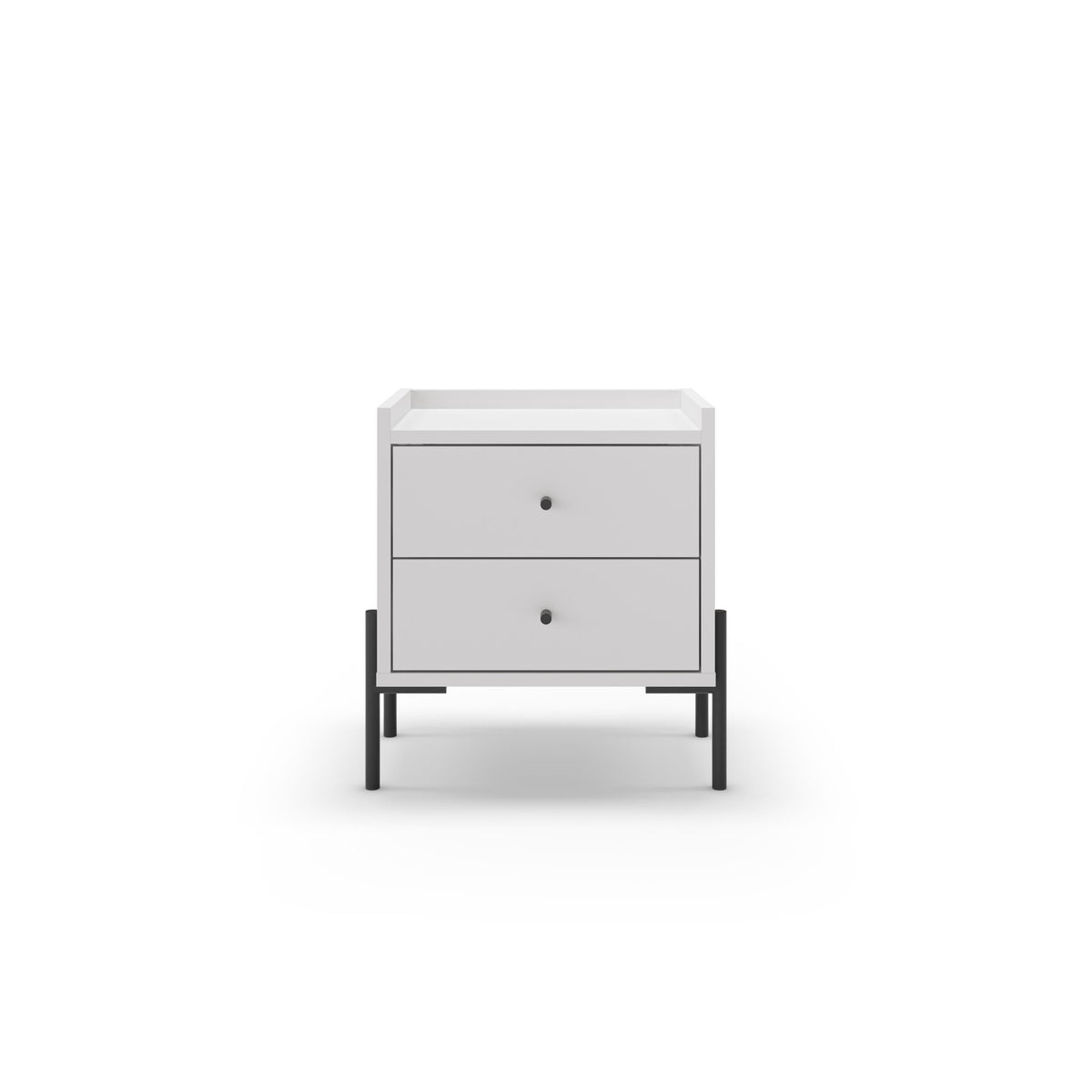 White bedside table with two front drawers and black knob handles