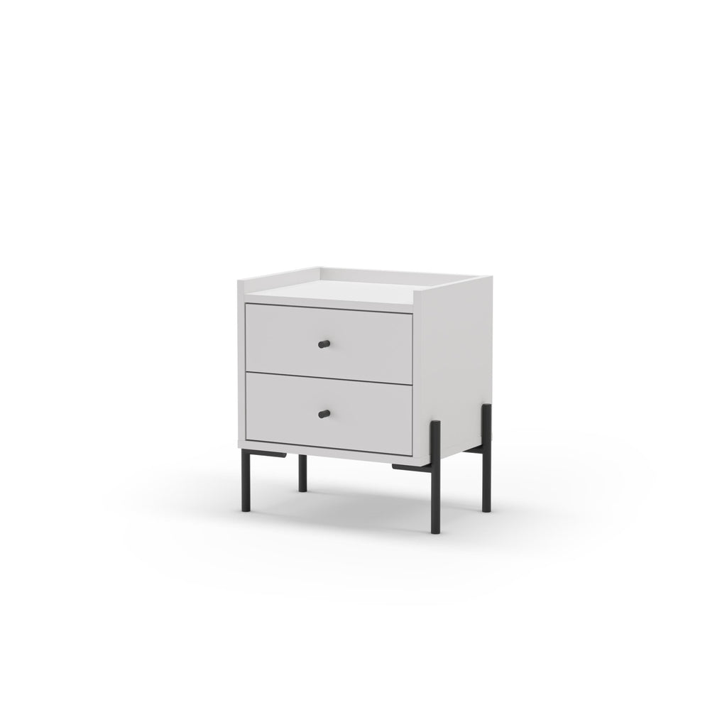White bedside table with two drawers and open top compartment, black legs