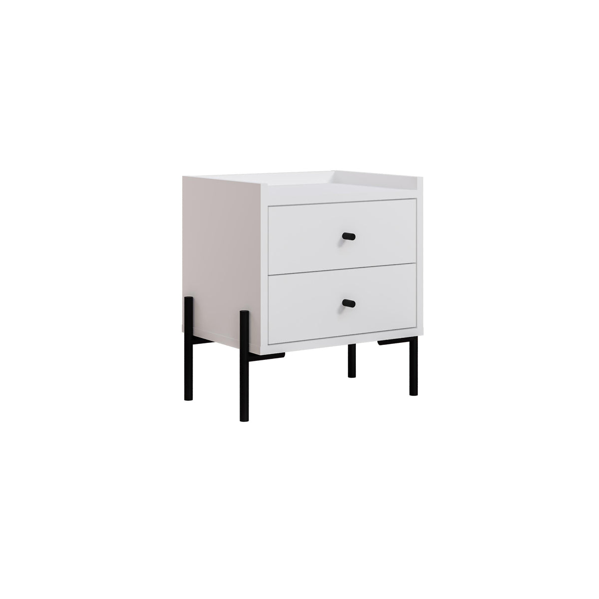 White bedside table with two drawers, black legs, and black knob handles