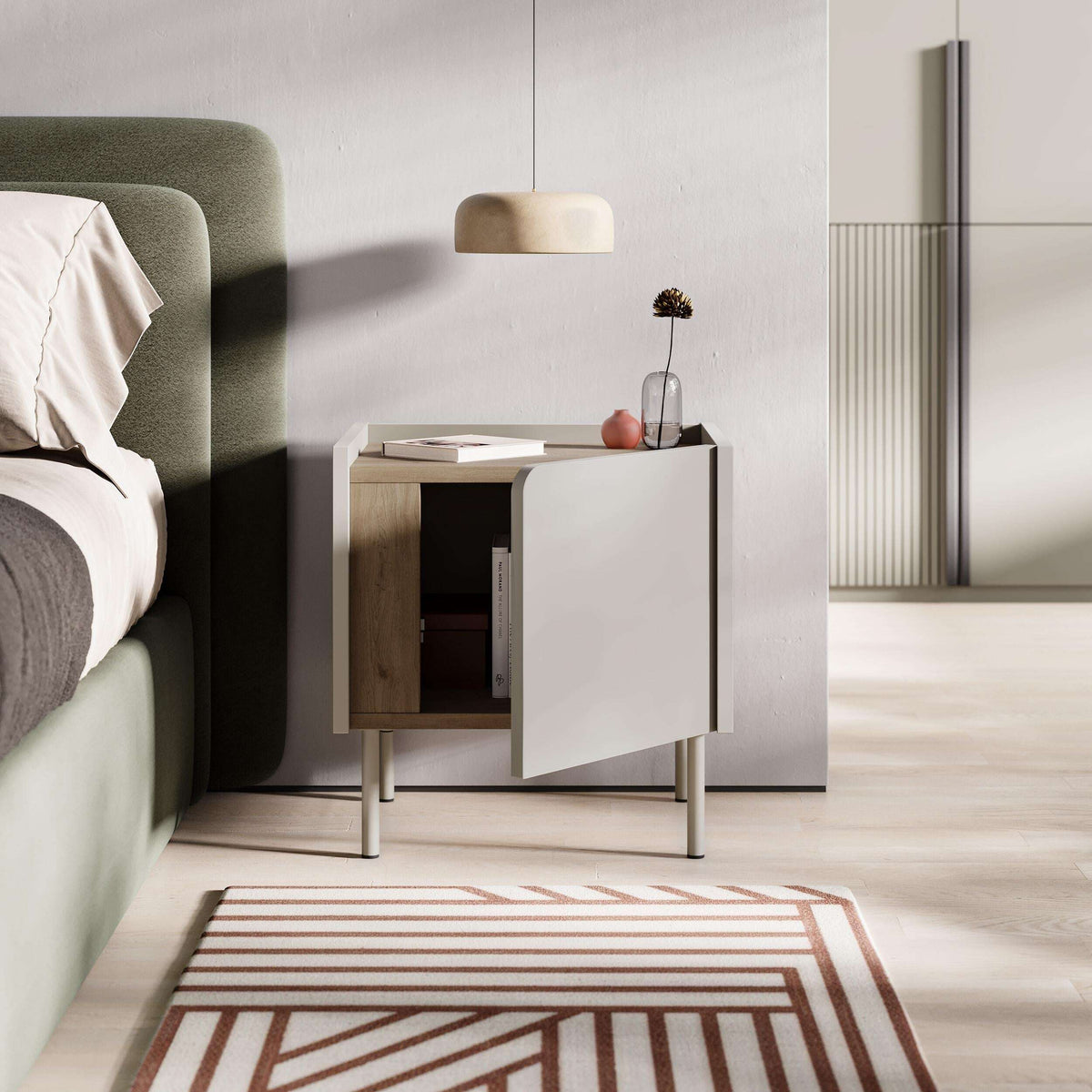 Modern bedside table with soft-close door storage, open shelf, light metal legs