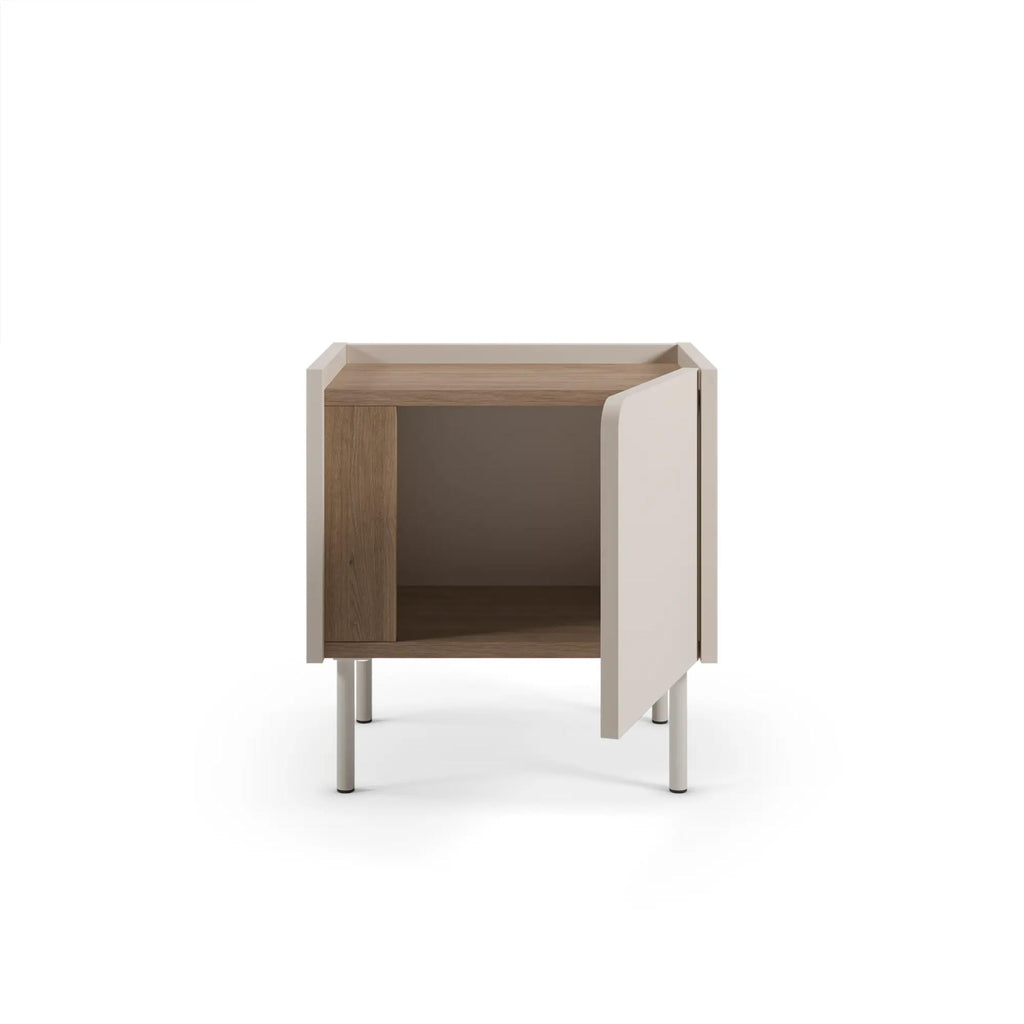 Modern bedside table with soft-close door storage, open front panel, light metal legs