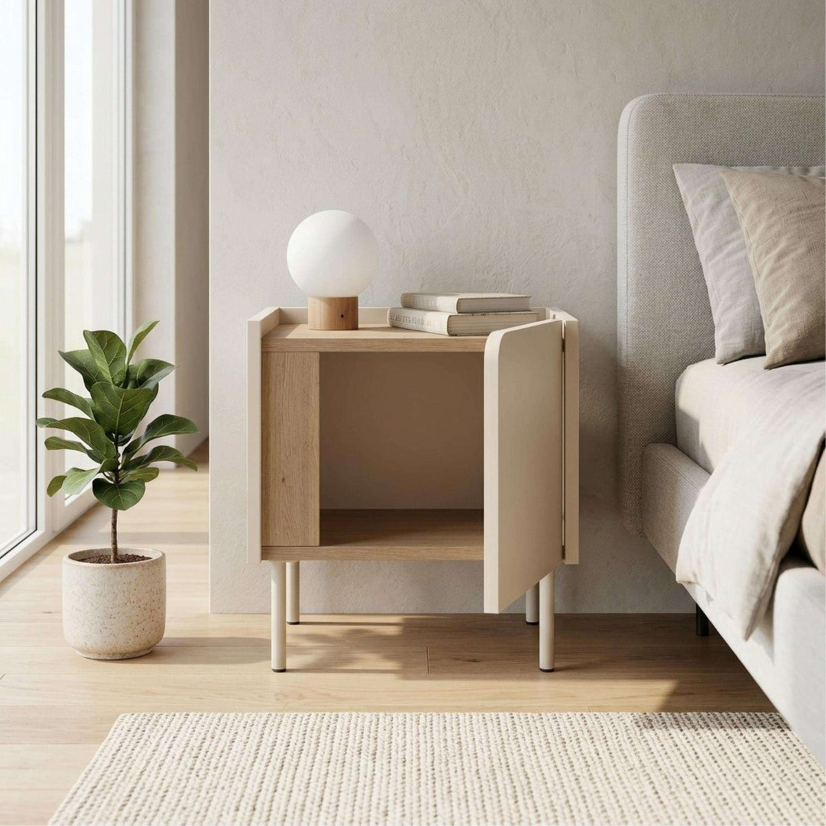 Modern bedside table with soft-close door storage, open cabinet, light metal legs