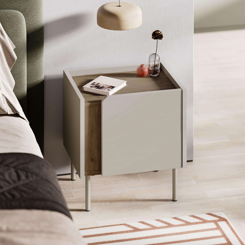 Modern bedside table with soft-close door storage, open shelf, light metal legs