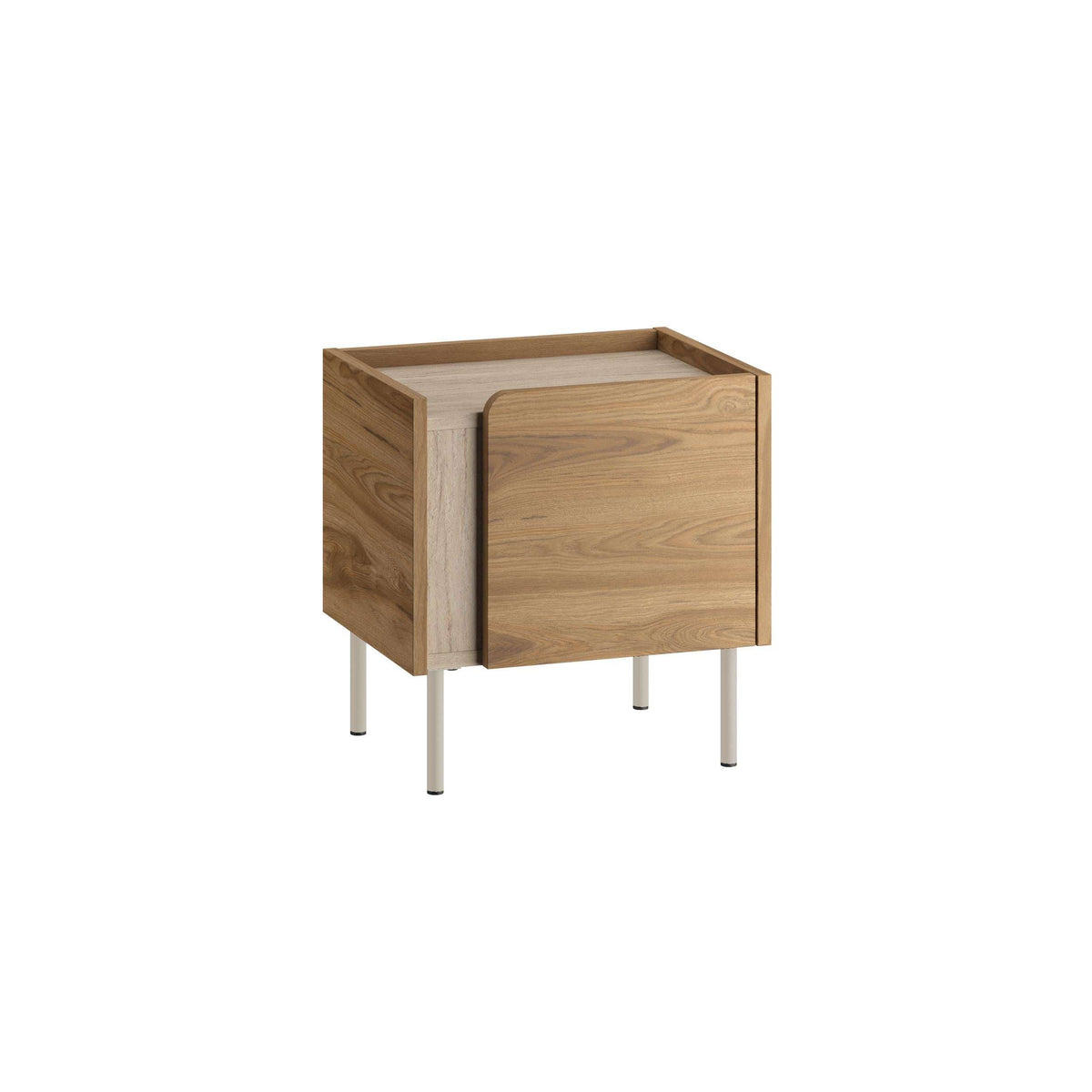 Modern bedside table with open door, natural oak finish and light metal legs