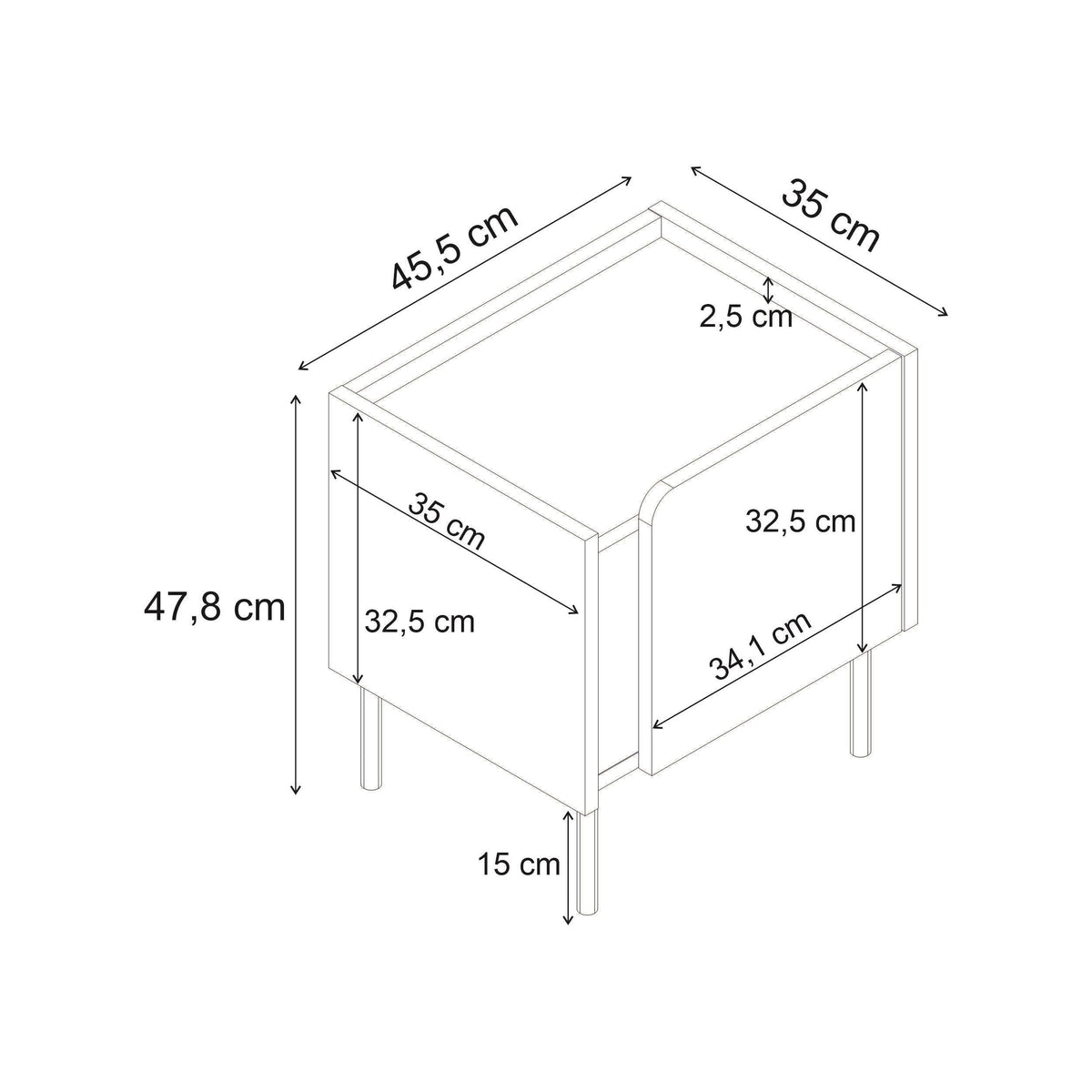 Bedside table dimension diagram with height and width measurements