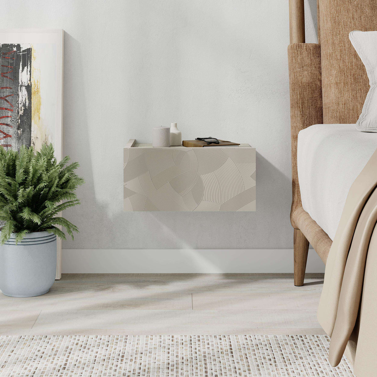 Wall-mounted nightstand with drawer, white front with geometric pattern and light wood side panel