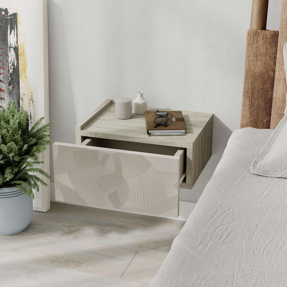 Wall-mounted nightstand with drawer, open top shelf and patterned drawer front in white