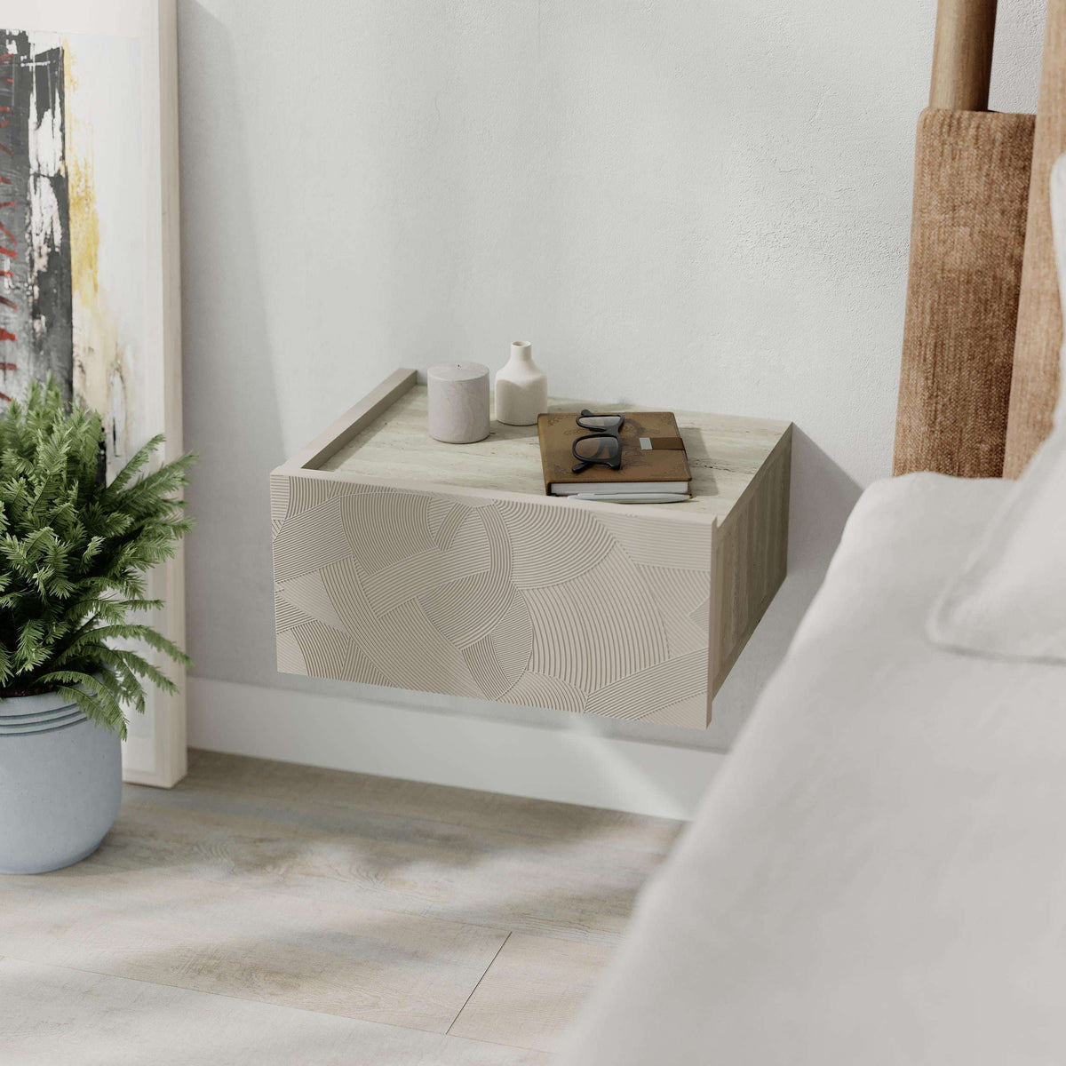 Wall-mounted nightstand with drawer, white front with textured geometric pattern and wood sides
