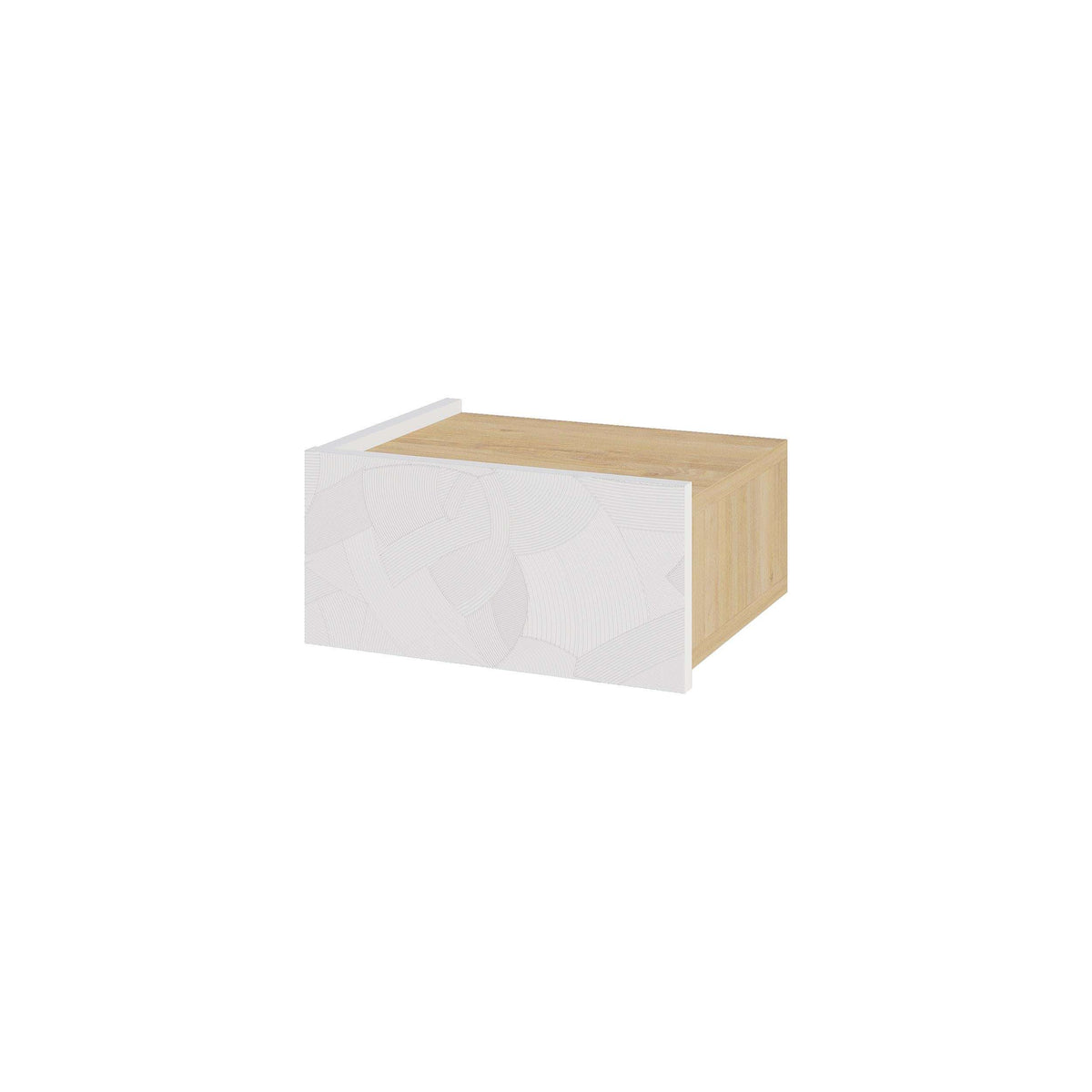 Wall-mounted nightstand with drawer, white front with textured geometric design and wood top