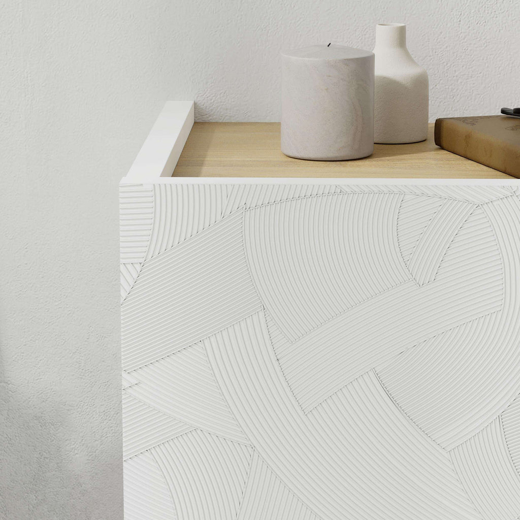 White wall-mounted nightstand drawer with geometric relief front and ledge top