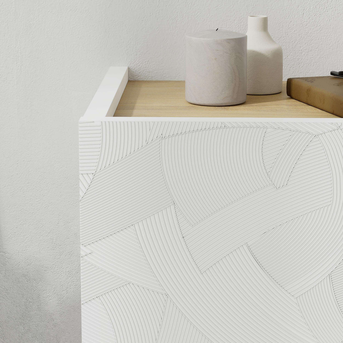 White wall-mounted nightstand drawer with geometric relief front and ledge top